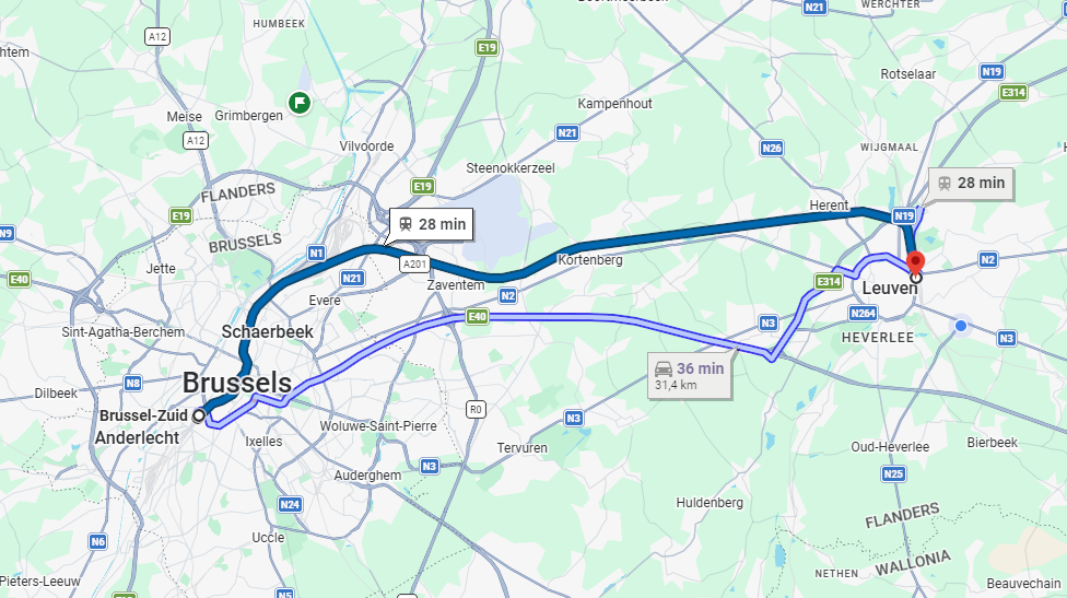 Map showing travel times to Leuven from Brussel-Zuid (Midi) station